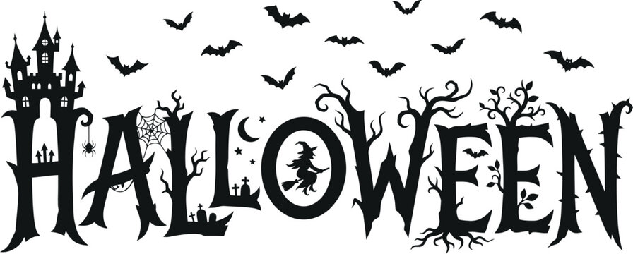 Halloween holiday lettering with haunted castle bats and witch silhouette