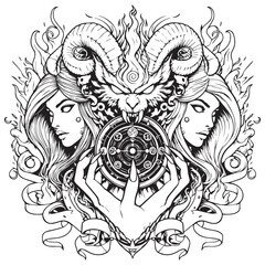 Fototapeta premium Fiery Horned Sigil Emblem with Black and White