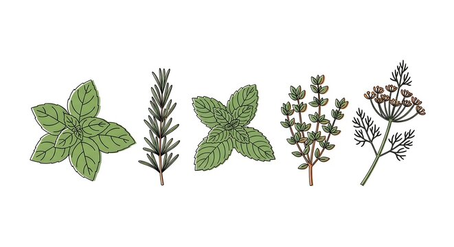 Vector illustration of various green herbs, depicted with outline and white background