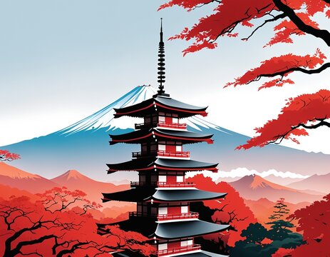 Flat vector illustration of Mount Fuji with a traditional red pagoda in autumn
