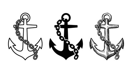 Three naval anchors with chains, presented in outline, silhouette, and hand-drawn sketch styles, isolated on a white background. © KirST
