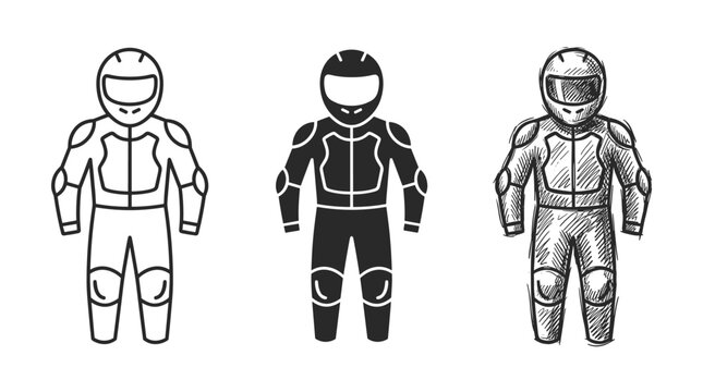 Full body stunt suit with helmet in outline, silhouette, and hand-drawn sketch styles