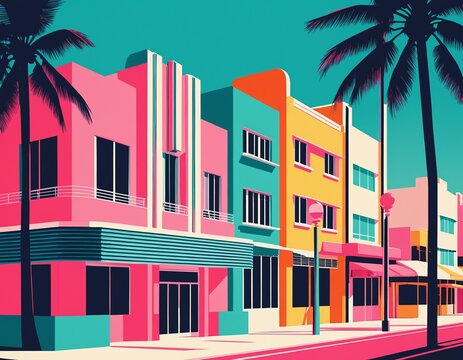Vintage travel poster illustration of neon Art Deco buildings in Miami South Beach
