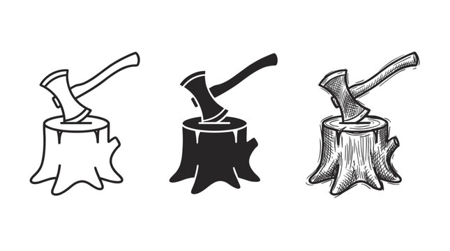 Three axes embedded in tree stumps, presented in clean outline, solid black silhouette, and rustic hand-sketched styles, on white.