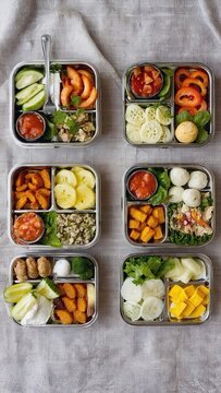 Healthy meal prep containers arranged on gray surface