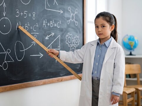Bright young student in lab coat teaches math and science concepts on a classroom blackboard