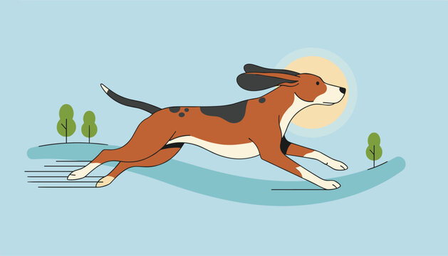 Hunting dog running fast in nature with wind blowing its ears back on a sunny day in a minimalist landscape style.