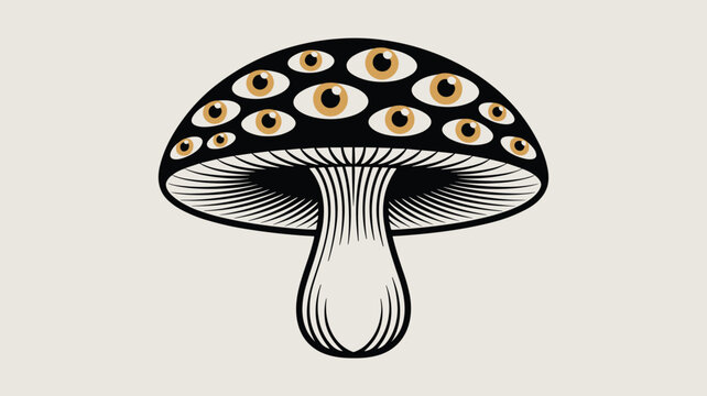 Surreal hand drawn style illustration of a mysterious magic mushroom with multiple creepy eyes on its black cap.