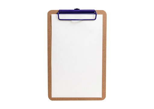 Clipboard with blue metal clip and blank white paper sheet.