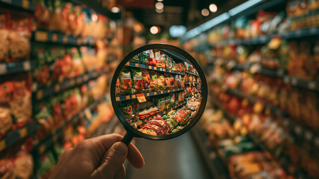 Supermarket Shelf Scrutiny: A magnifying glass reveals detailed products on a brightly lit supermarket aisle, highlighting the abundance of goods available for consumers.
