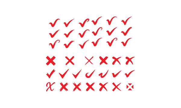 Red check marks and crosses symbolizing approval and rejection in various styles on white background