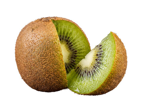 Whole kiwi fruit with a cut section and a separate slice, displaying its vibrant green flesh and black seeds on.