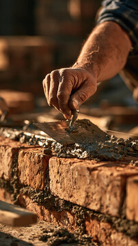 Bricklayer at Work: A close-up shot captures the skilled hands of a bricklayer using a trowel to apply mortar to a wall of weathered bricks, demonstrating craftsmanship and construction.