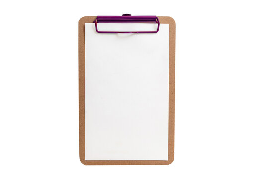 Clipboard with purple metal clip and blank white paper sheet.