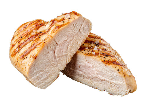 Freshly grilled chicken breast cut in half, seasoned with sea salt flakes.