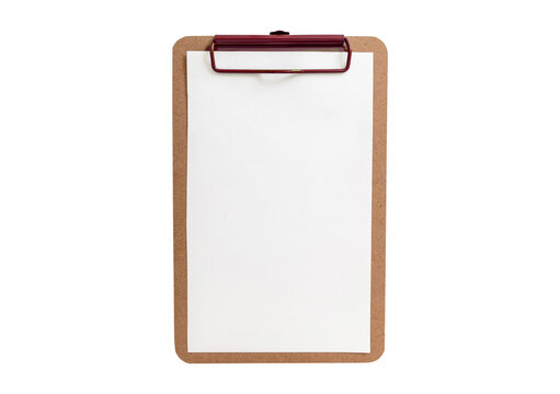 Clipboard with red metal clip and blank white paper sheet.