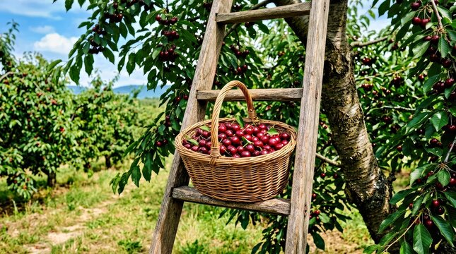 Cherry Harvesting Basket Hanging on Wooden Ladder in Orchard With Lush Green Foliage