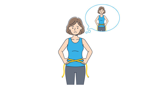 Young woman feeling concerned while measuring her waistline and imagining a slimmer, healthier version of herself.