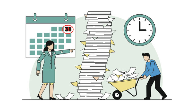 Businesswoman pointing at a calendar deadline while a male colleague wheels away excess paperwork from a giant stack.