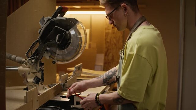 Young adult Caucasian male carpenter measuring wooden board with pencil and aligning it on miter saw in workshop. Clip is ideal for small business marketing and craftsmanship promotions