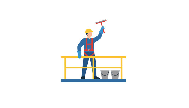 Professional window washer wearing safety harness and helmet working on a suspended yellow scaffold platform.