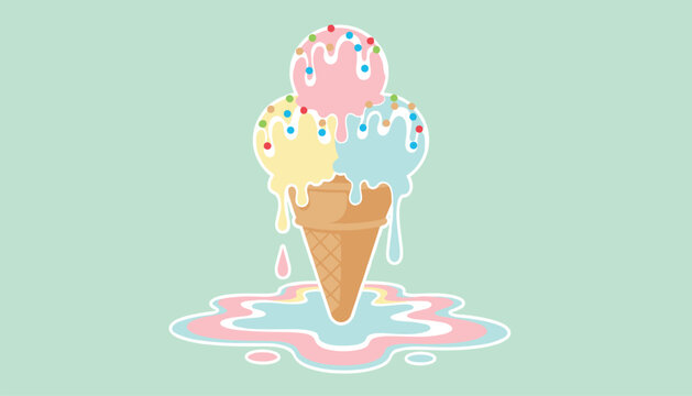 Delicious three scoop ice cream cone melting slowly into a colorful pastel puddle on a mint green background.