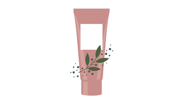 Organic skincare cream tube in a dusty rose color decorated with green botanical leaves and natural speckles.