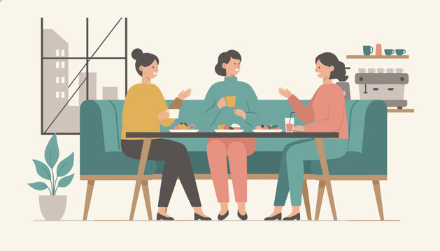 Three female friends enjoying drinks and pastries while chatting together on a teal sofa in a cozy coffee shop.