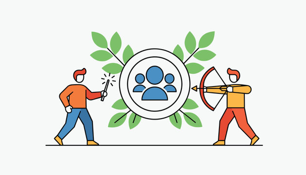 Creative team metaphor showing a magician with a wand and an archer with a bow flanking a central collaboration icon.