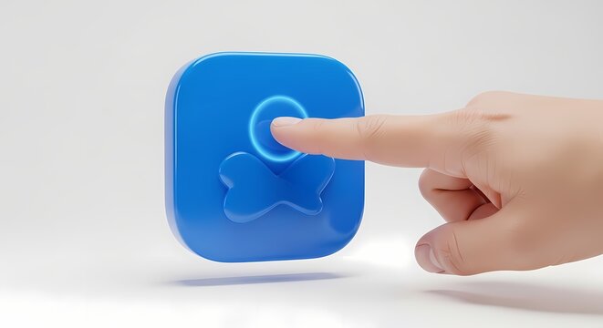 Human finger pressing a blue digital button with generated by AI
