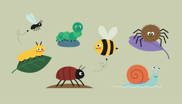 Collection of cute cartoon insects and garden bugs featuring caterpillars, a spider, a bee, a snail, and beetles.