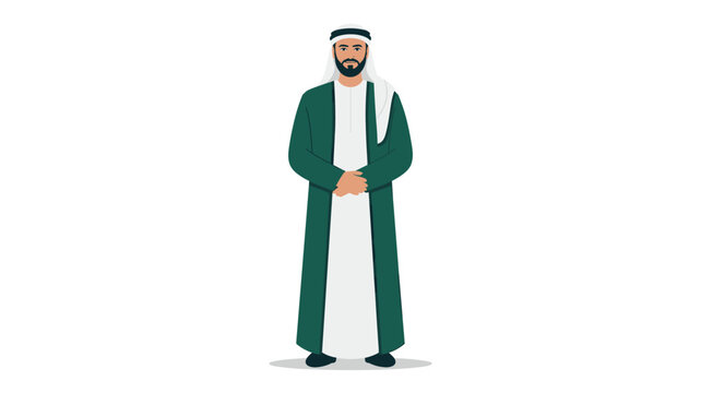 Arab man in traditional white thobe and dark green bisht cloak standing politely with his hands folded in front.