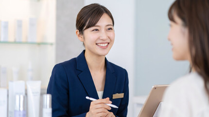 Obraz premium エステサロンのカウンターで笑顔で接客や受付を行う女性スタッフ