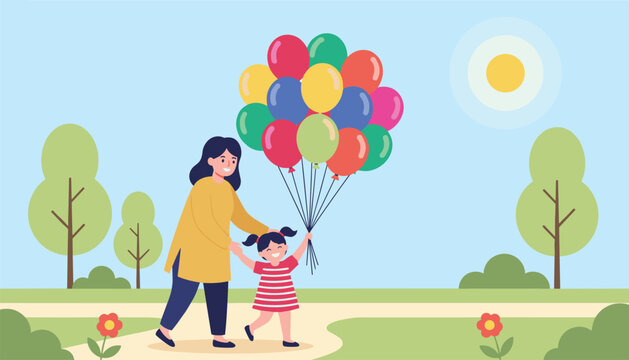 Happy mother and her little daughter walk together in a sunny green park while holding a large bunch of colorful balloons.