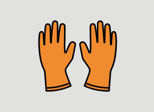 Pair of protective orange gloves with bold black outlines is displayed on a neutral light gray background.