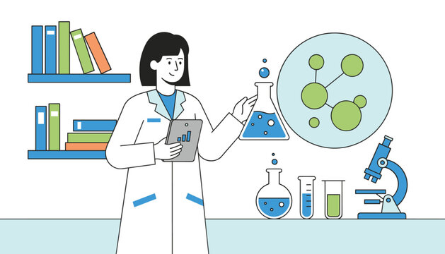 Female scientist in a white coat conducts chemical research in a modern laboratory using a digital tablet and flasks.