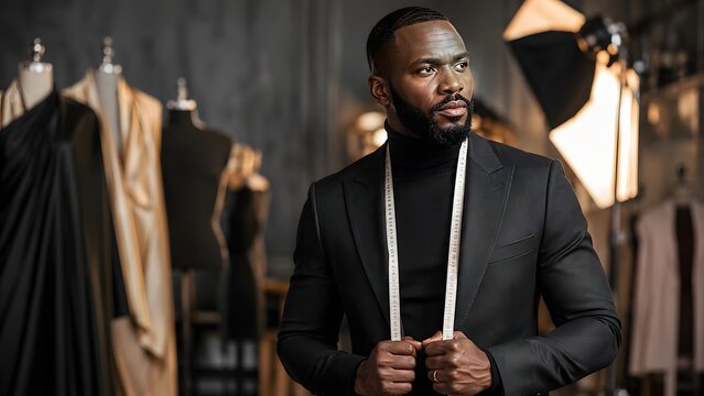 Confident Black male fashion designer holding measuring tape around neck inside modern tailoring studio. Professional portrait photo ideal for custom suit advertisement and clothing business.