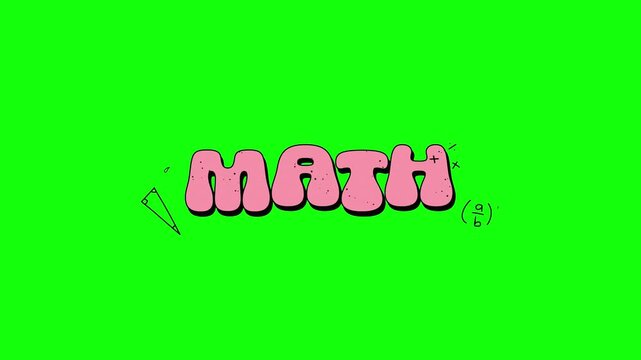 Bold pink bubble text "MATH" with black outline and speckled texture bounces energetically in the center of a solid bright lime green background in vibrant cartoon vector style.