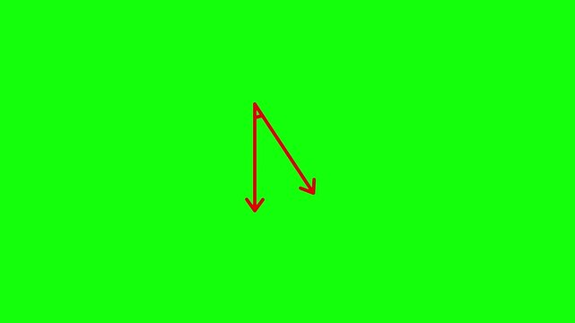 A bright red angle with two arrows is smoothly drawn on a solid bright lime green background, starting with a vertical downward arrow forming a perfect 45-degree angle.