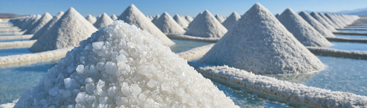 Salt Crystals at Salt Pans: Conical piles of glistening salt crystals shimmer under the bright sun, meticulously arranged in shallow water pools at a coastal salt pan.