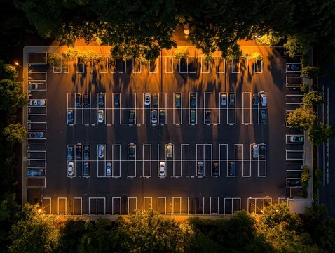 Parking lot illuminated by bright overhead lights