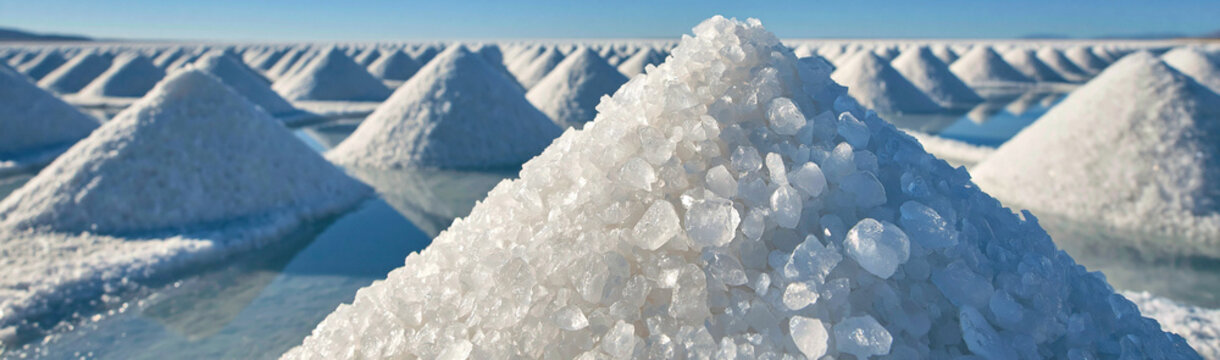 Salt flats harvest: Piles of harvested salt gleam under the bright sun, arranged in neat rows across a vast, shimmering salt flat, creating a surreal landscape.