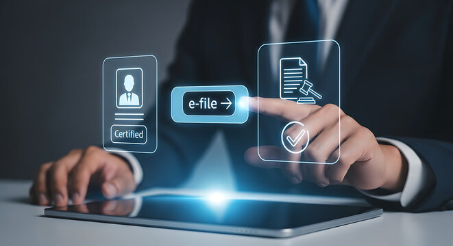 Professional businessman using digital tablet for e-filing official documents and certification online.