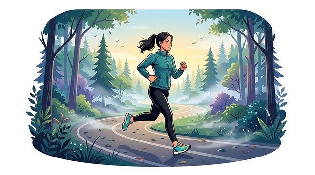 Active woman running on a winding forest path at sunrise