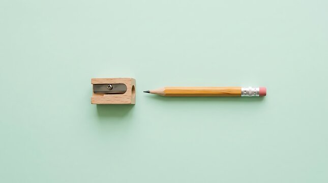 A simple wooden pencil and sharpener isolated on a light green background for world teachers day
