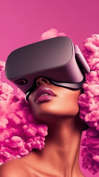 Individual experiencing virtual reality through a headset, immersed in a vibrant pink digital world with surreal cloud shapes, a future metaverse vision.