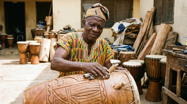 Elderly african man in colorful kente clothing polishes carved wooden drum in open workshop with djembes and lumber behind, concept of traditional craftsmanship