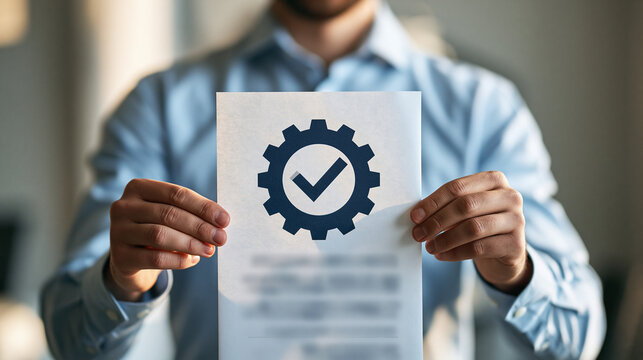 Quality Assurance Check: A businessman holds a document featuring a gear symbol with a checkmark, signifying approval and quality control in a professional setting.