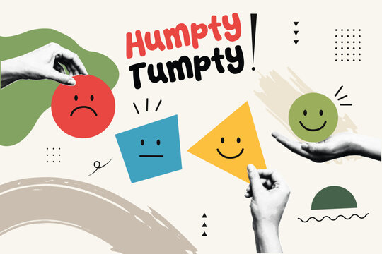 Halftone Collage with Hand Holding Geometric Shapes with Emotion Faces. Humpty Tumpty Typography with Circle, Square, and Triangle Characters. Playful Concept in Retro Pop