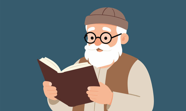 Elderly bearded man with glasses and a beanie wearing a vest and focused on reading an open book intently.